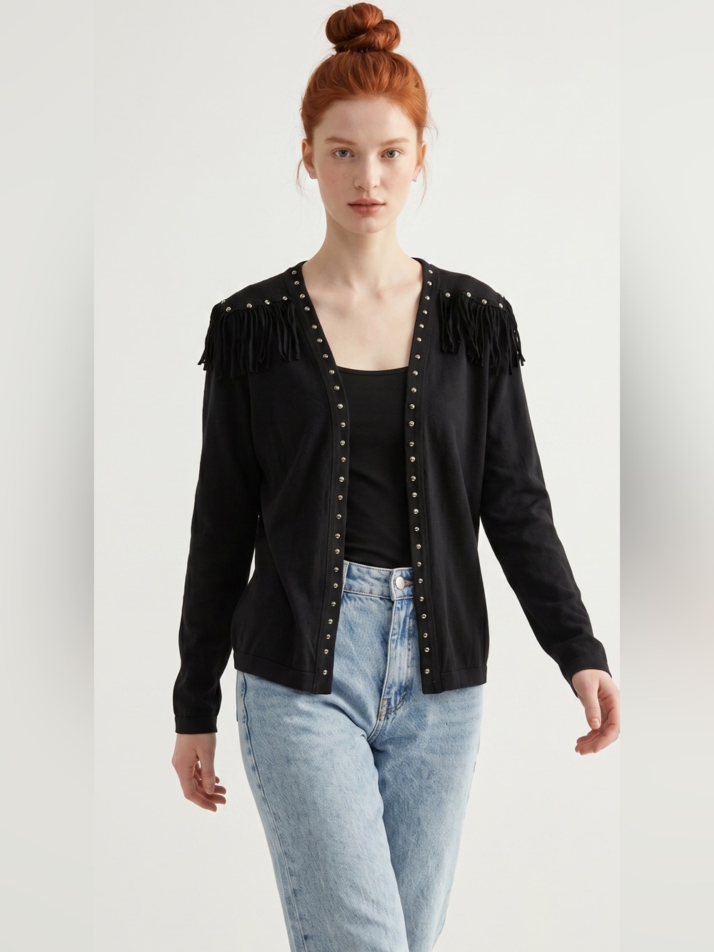 Vintage Y2K Feline Black Studded Fringe Open Cardigan. Festival. Western. Boho
